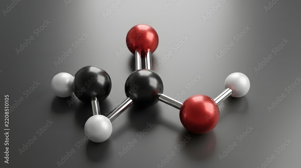 Obraz premium 3D Molecular Model of Carbonyl Sulfide Molecule on a Dark Reflective Surface.