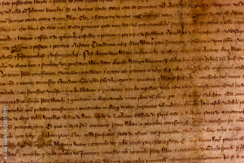Aged vellum manuscript displaying handwritten Latin text in secretary court hand, dark ink strokes on weathered animal skin, detailed view