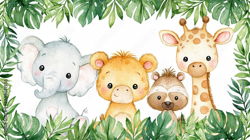 Obraz premium Cute safari animals watercolor frame for baby nursery featuring elephant, bear, sloth, and giraffe surrounded by green leaves Generative AI
