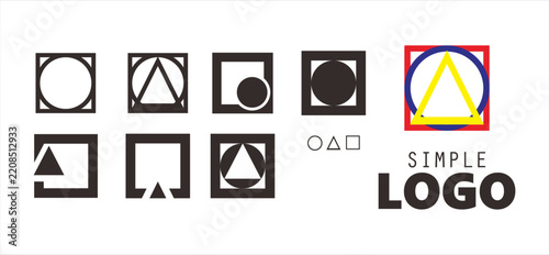 Minimalist geometric shape logo set featuring square, circle, and triangle composition symbols isolated on white background