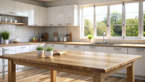 A solitary wooden table sits atop a clutterless kitchen bench set against a hazy blur of everyday domesticity
