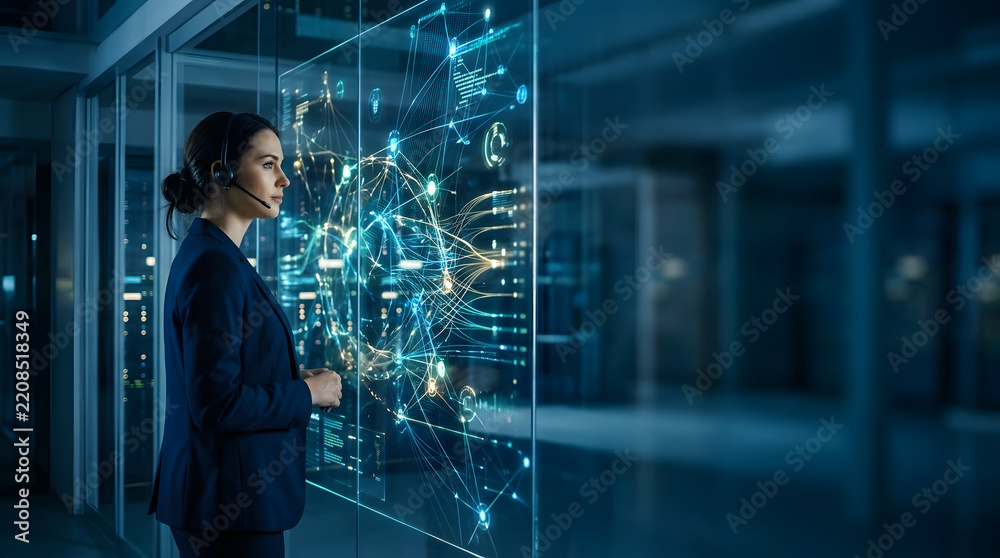 Fototapeta premium a woman in a suit looking at a glass wall