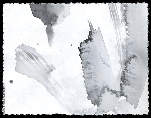 Monochromatic Watercolor Wash and Ink Splash Texture with Torn Paper Frame