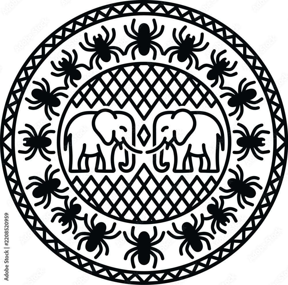 Fototapeta premium Isolated ornamental Bamileke-inspired pattern with elephants, spiders, and diamond grids in solid black silhouette, traditional African motif vector illustration