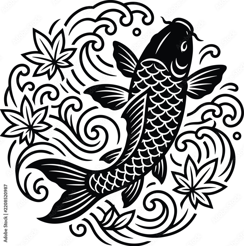 Fototapeta premium Japanese koi fish swimming among stylized waves and maple leaves, monochrome black vector pattern, flat solid fill, repeating layout, high contrast
