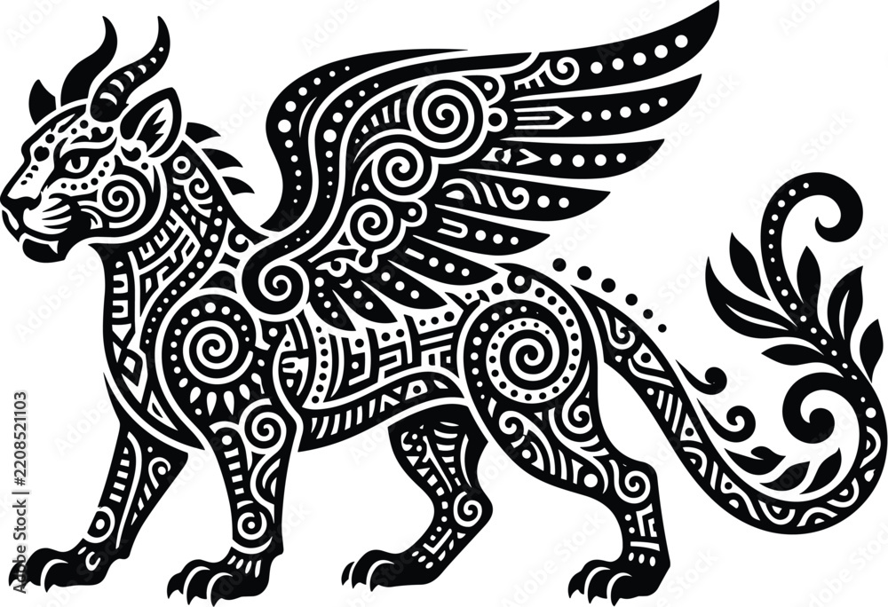 Obraz premium Oaxacan alebrije inspired fantastical creature pattern, vector ornament, solid black flat shapes isolated on white, tribal tribal mythical beast