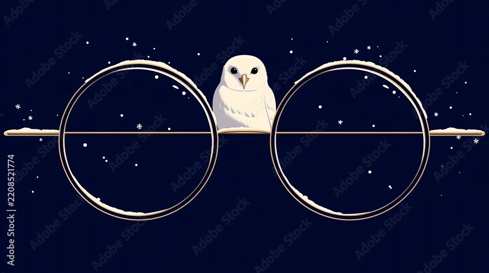 Obraz premium White owl perched between two golden rings with snow and sparkles on a dark navy sky, minimalist flat vector illustration for fantasy poster and card design