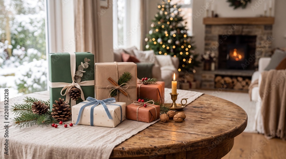 Fototapeta premium A festive wooden table filled with beautifully wrapped christmas gifts in a cozy living room with a glowing fireplace and tree
