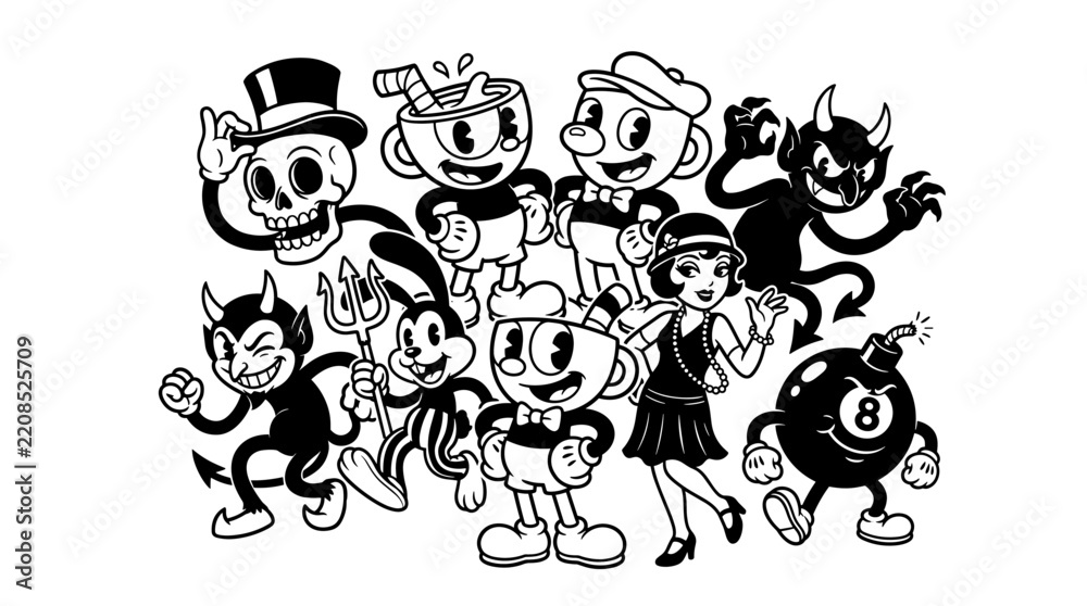 Fototapeta premium Retro rubber hose cartoon character set in black and white.