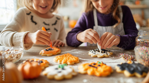 Children decorating Halloween cookies with colorful icing and sprinkles in a cozy kitchen, capturing family baking activities, creative holiday traditions, festive treats and seasonal celebrations.
