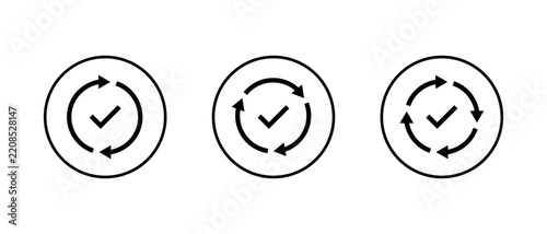 Circular arrow icon with check mark. Checkmark with rotate arrows symbol in circle outline