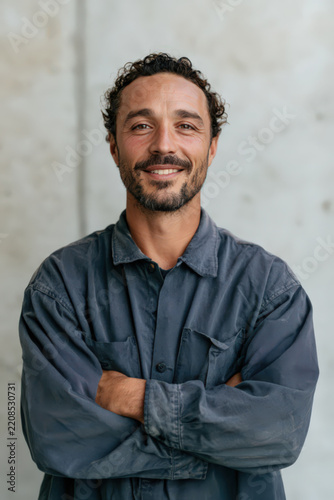 A skilled manufacturing employee standing naturally in front of a clean textured concrete wall, smiling, wearing workwear