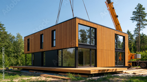 Modern modular house being assembled from prefabricated components at a residential construction site, efficient building process, sustainable architecture, modular construction,