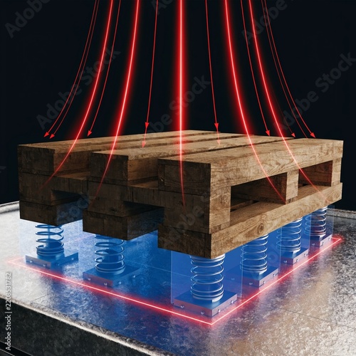 3D concept of a wooden pallet undergoing laser vibration and shock absorption testing on spring dampeners, symbolizing industrial logistics durability.