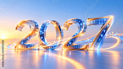 Bright Digital 2027 with Glowing Effects and Binary Code against a Scenic Sunset Background