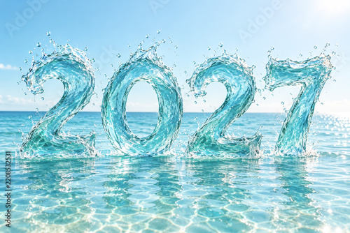 Water Splash Art Displaying Year 2027 in Clear Ocean Waves Under Bright Blue Sky