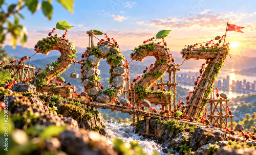 Creative Natural Landscape with Number 2024 Made of Stones and Plants in Sunrise Environment