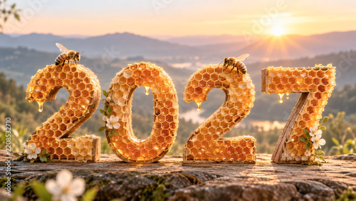 Golden Honeycomb Numbers with Bees and Flowers in Natural Scenic Sunset Background