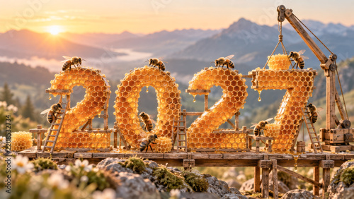 Bees Building Honeycombs for Year 2027 in Scenic Landscape with Mountains and Sunrise