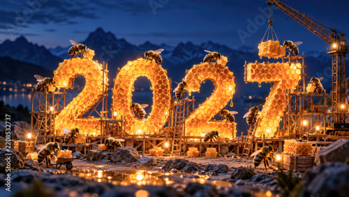 Creative Honeycomb Structure Displaying Year 2027 at Dusk with Mountain Background