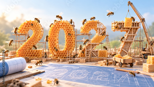 Creative Construction of a Honeycomb Year 2027 with Bees and Machinery in Nature