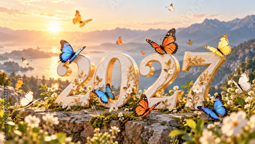 Vibrant Butterflies and Flowers Celebrate New Year 2027 Against Stunning Mountain Landscape