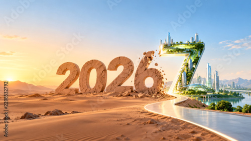 Futuristic Landscape with Number 2027 and Urban Development in Desert Setting
