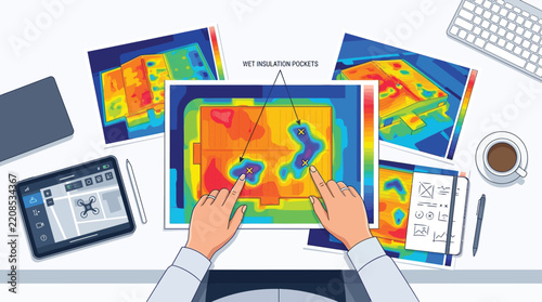 Professional Drone Thermal Imaging Roof Inspection for Wet Insulation Detection Illustration