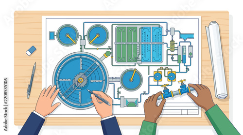 Engineers Collaborating on Wastewater Treatment Plant Technical Blueprint Illustration - Flat Design Water Management Infrastructure Concept