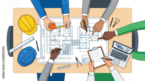 Top down view of architects and engineers collaborating on house blueprint floor plan for construction project meeting.
