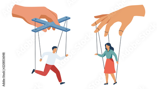 Conceptual flat vector illustration of puppet man and woman manipulated and controlled by giant human hands with strings