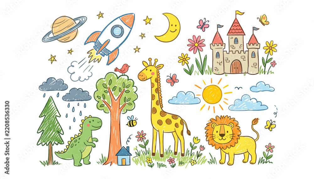Obraz premium Cute kids doodle elements set with rocket ship dinosaur giraffe lion castle sun and moon flat vector illustration