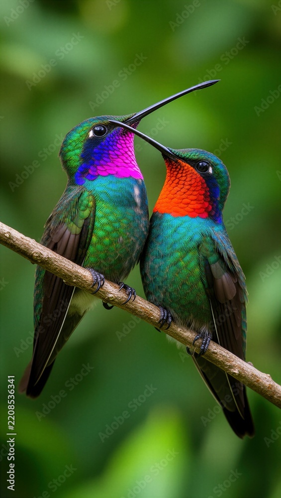 Fototapeta premium colibrí, colibríes, aves, pájaros, ave tropical, fauna, vida silvestre, naturaleza, polinizadores, polinización, dos aves, pareja de colibríes, aves posadas, rama, rama de árbol, plumaje, plumas iridi