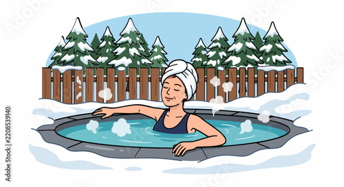 Woman relaxing in hot water outdoors during winter