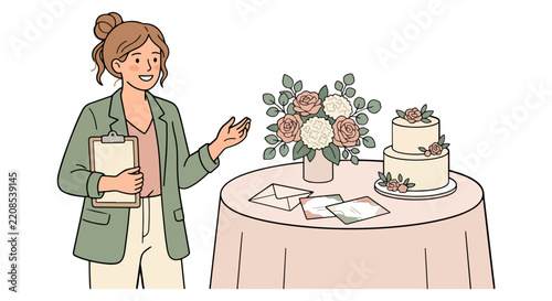 Event planner presenting wedding details with cake and flowers