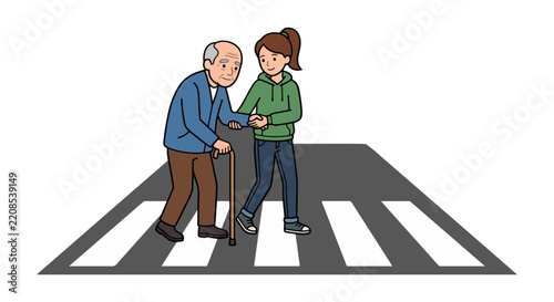 Young woman helps elderly man cross street at pedestrian crossing