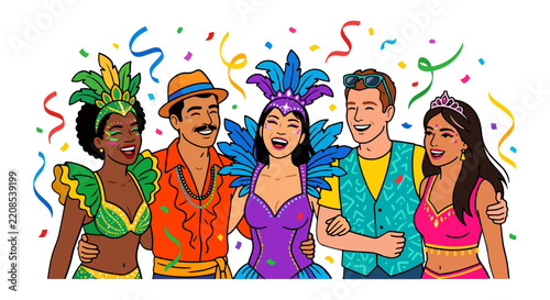 Diverse group of people celebrating a festive occasion with colorful costumes and confetti