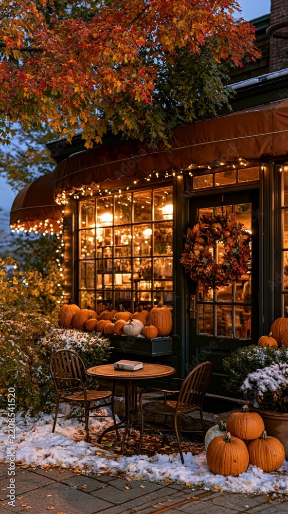 Fototapeta premium a cozy outdoor cafe or restaurant. The main subject is a storefront with a warm, inviting ambiance, illuminated by string lights. The storefront displays a wreath made of autumn leaves and pumpkins.