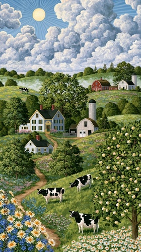a rural landscape. The main subject is a picturesque village with a variety of houses, including a twostory blue house with a red roof, a white barn, and a silo.