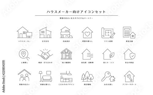ハウスメーカーの案内や注文住宅のマイホーム相談で使える自由設計・プラン提案のシンプル線画アイコンセット
