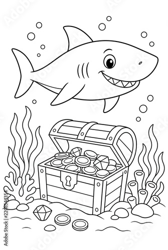 Shark Swimming over a Sunken Treasure Chest Coloring Page