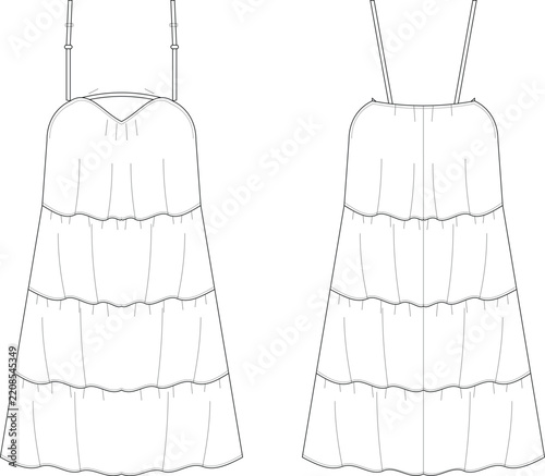 Obraz na plátně Front and back view fashion technical sketch of a tiered camisole dress with adj
