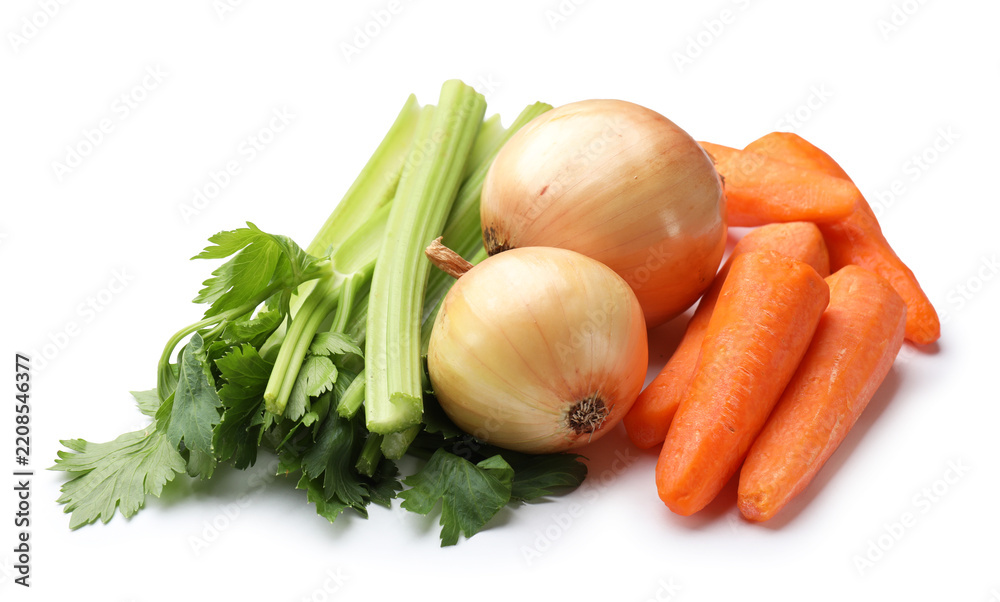 Obraz premium Fresh celery stalks, carrots and onion bulbs isolated on white