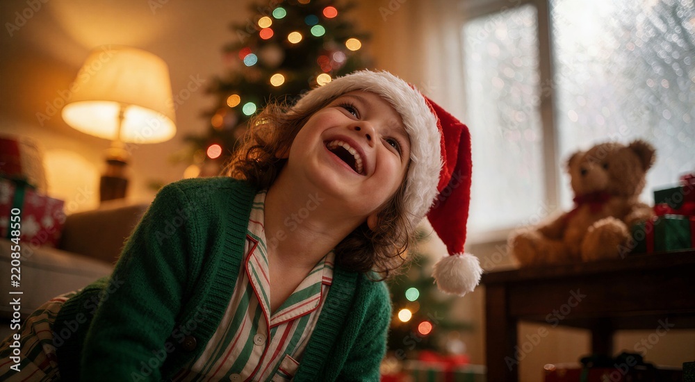 Obraz premium Joyful moment of a child opening presents on Christmas morning, captured with a heartwarming low-angle perspective.