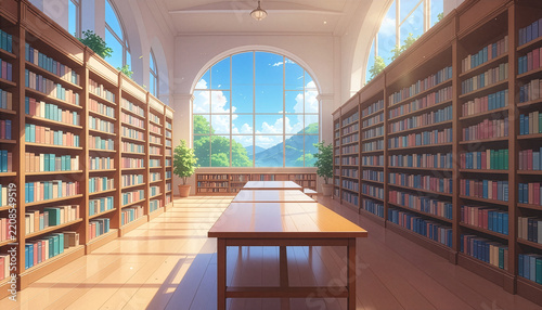 木漏れ日と陽光が差し込む本棚が並ぶ静かな図書館のアニメ風インテリアイラスト背景
