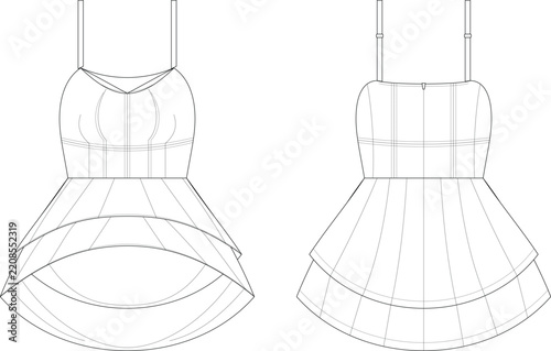 Fotografie Technical fashion flat sketch of a women camisole mini dress featuring layered r