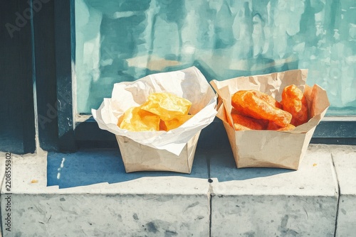 Crispy Potato Chips and Fried Snacks in Paper Containers