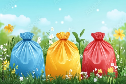 Colorful Trash Bags in a Grassy Park Setting