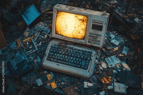 Broken Vintage Computer in Urban Ruin Landscape