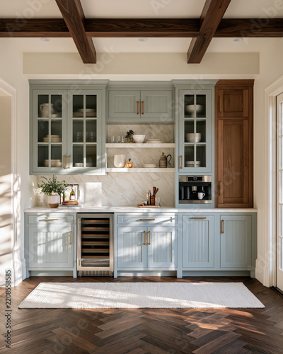 Modern traditional kitchen with wood beam ceiling and natural light